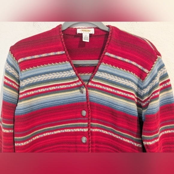 Talbot's Vintage Red Striped Cotton V-Neck Button-Up Cardigan Cottagecore - Picture 4 of 10